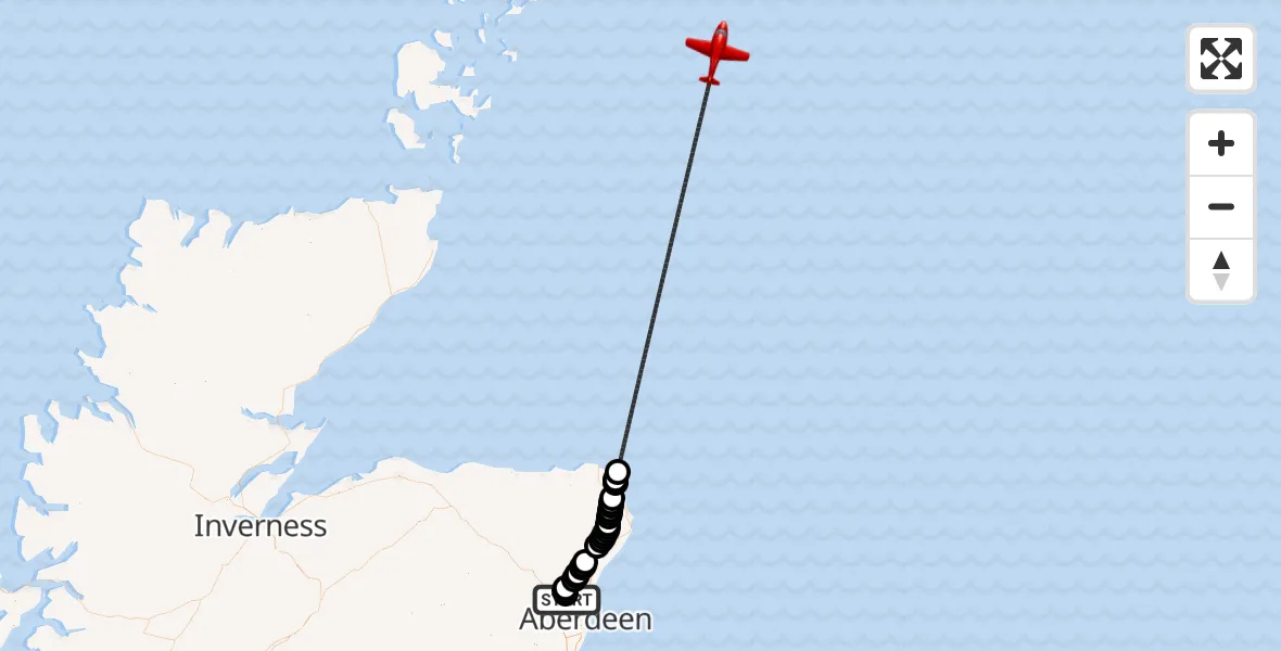 Flight path map showing Air Ambulance Aircraft route from Dyce and Stoneywood to North Sea