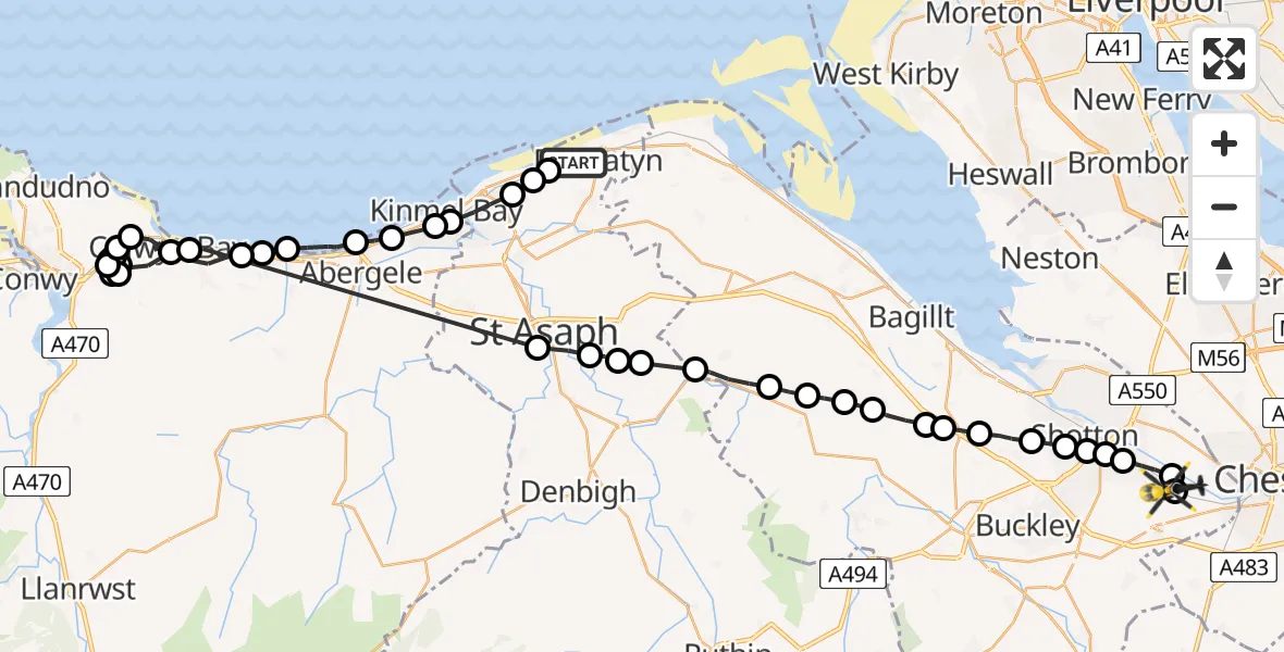Flight path map showing Police Helicopter route from Prestatyn to Hawarden Airport