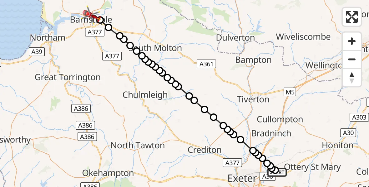 Flight path map showing Air Ambulance Helicopter route from Exeter International Airport to Barnstaple