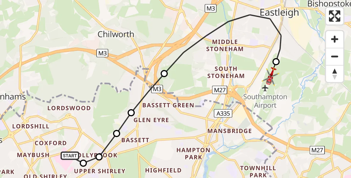Flight path map showing Air Ambulance Helicopter route from University Hospital Southampton to Southampton Airport