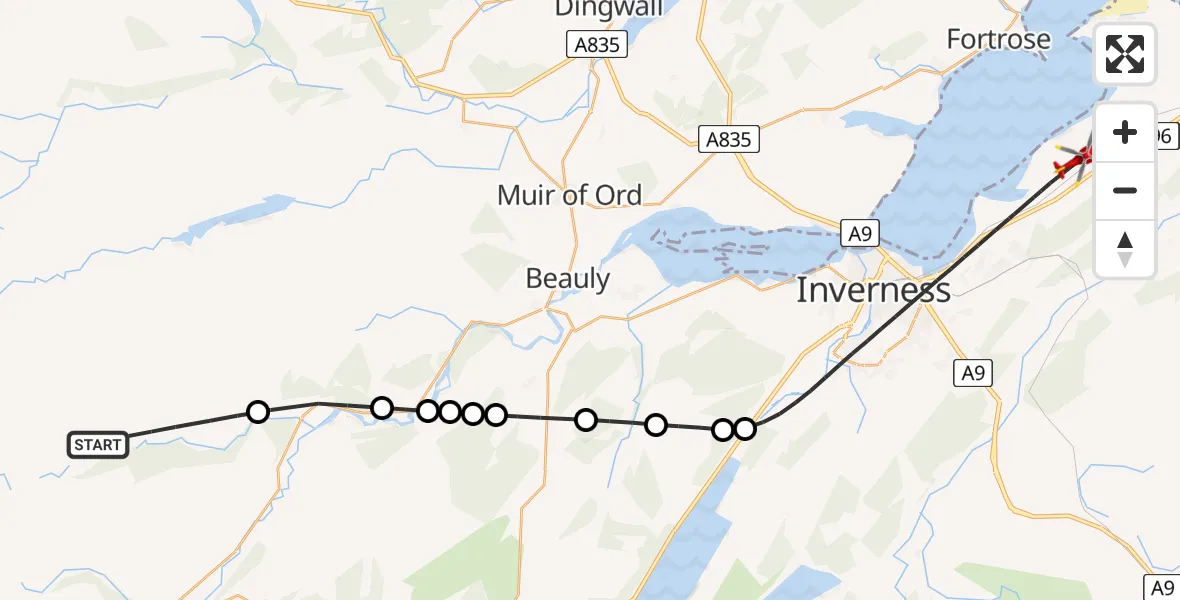 Flight path map showing Air Ambulance Helicopter route from Highland to Inverness