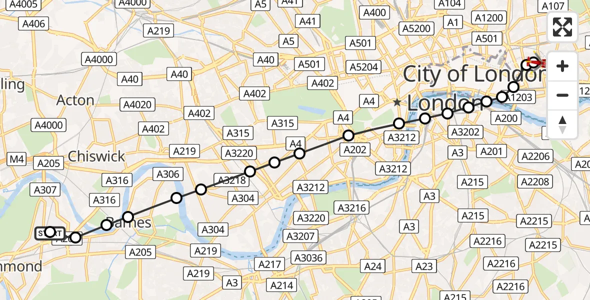 Flight path map showing Air Ambulance Helicopter route from North Sheen to Whitechapel