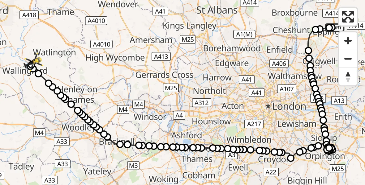 Flight path map showing Police Helicopter route from North Weald Airfield to RAF Benson