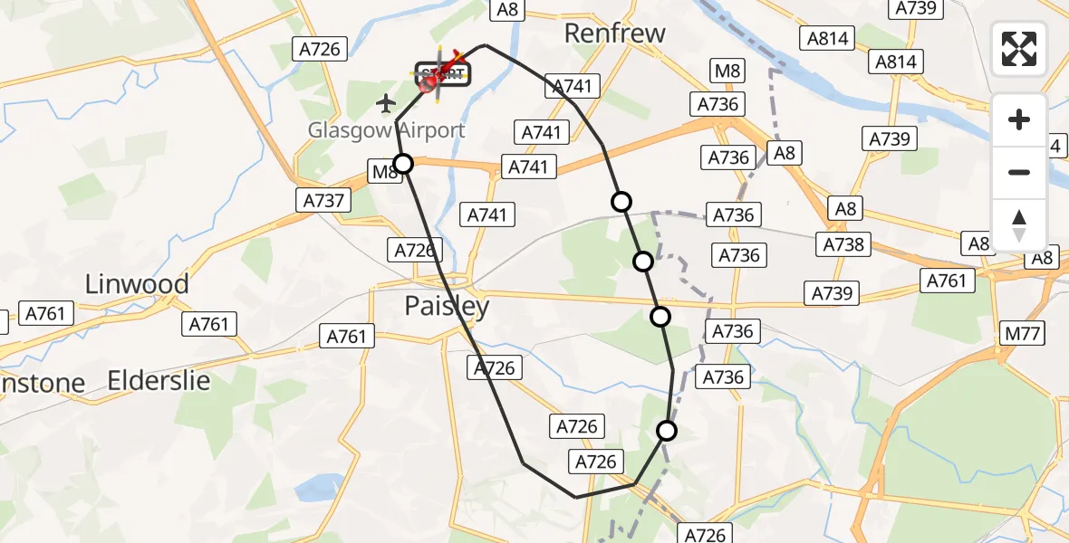 Flight path map showing Air Ambulance Helicopter route from Glasgow Airport to Glasgow Airport