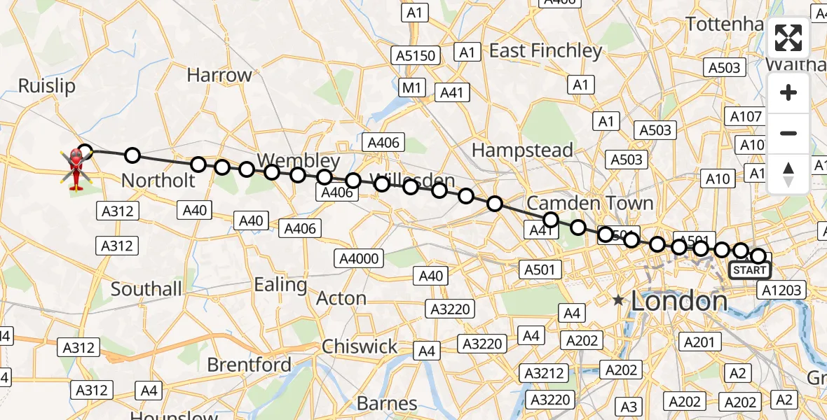 Flight path map showing Air Ambulance Helicopter route from Royal London Hospital to RAF Northolt