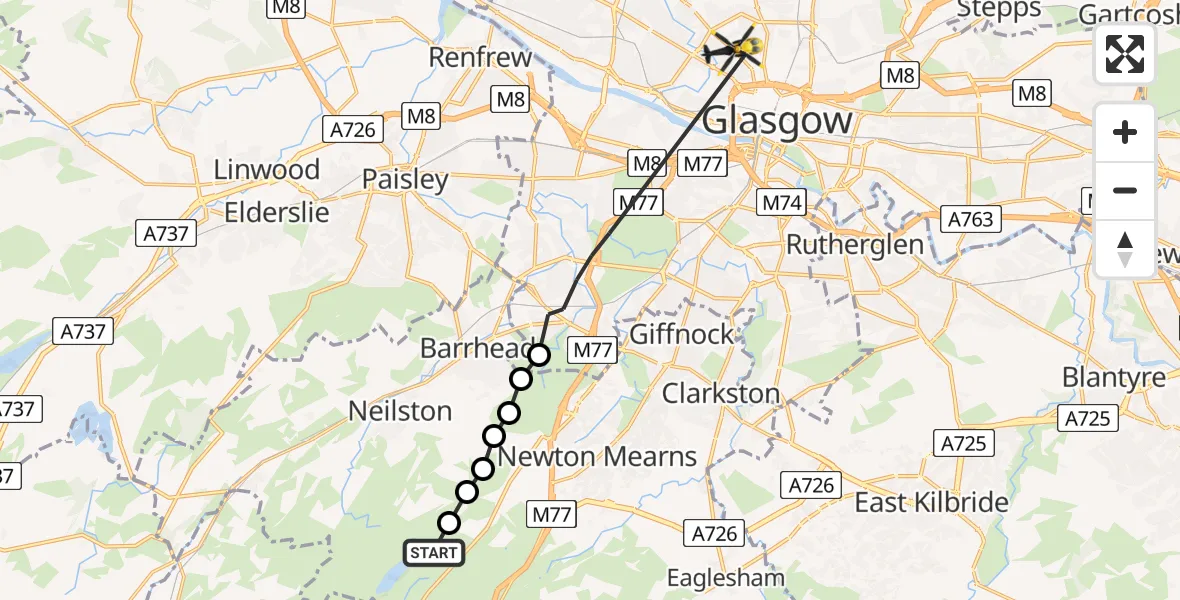 Flight path map showing Police Helicopter route from Neilston to Glasgow