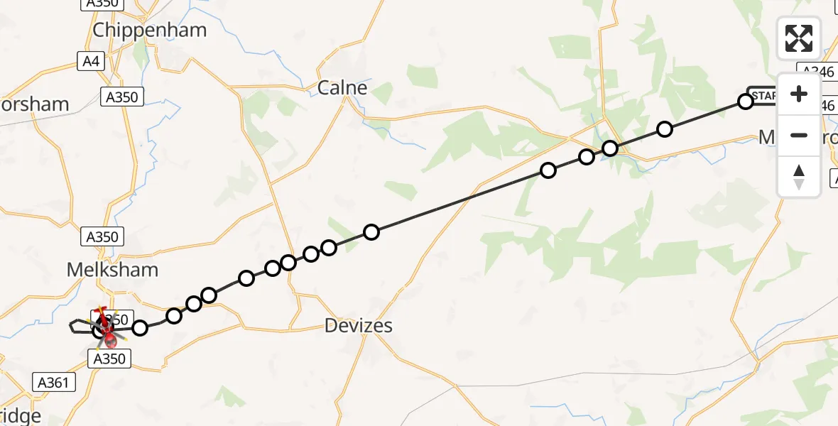 Flight path map showing Air Ambulance Helicopter route from Winterbourne Bassett to Wiltshire Air Ambulance