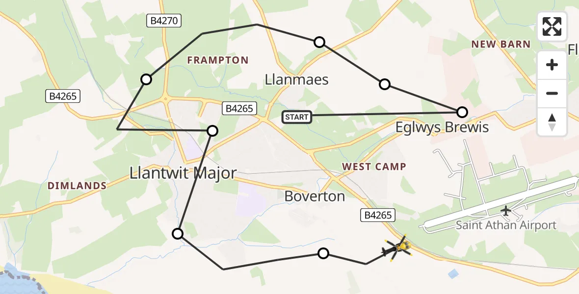 Flight path map showing Police Helicopter route from Llanmaes to MOD St Athan