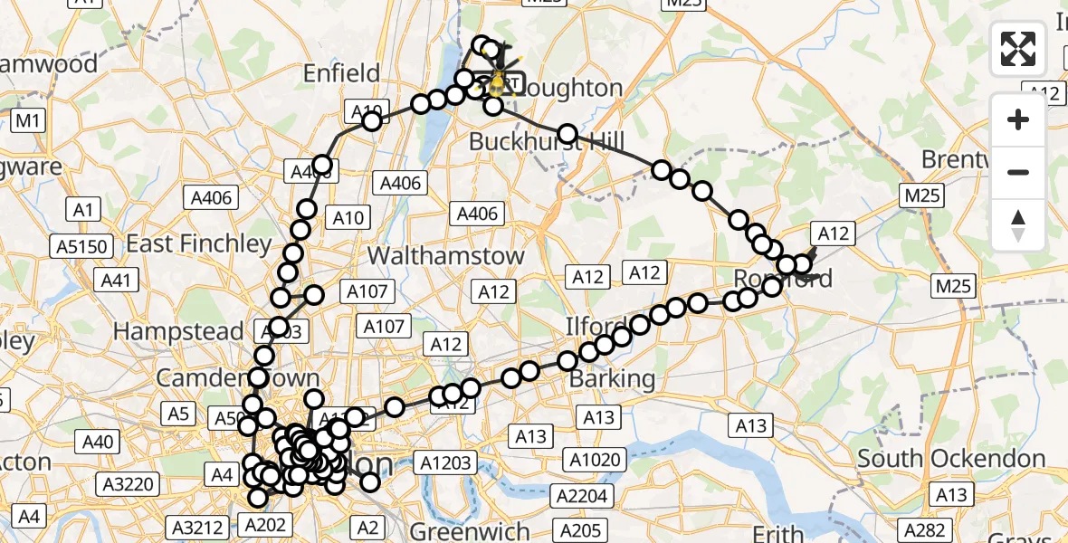 Flight path map showing Police Helicopter route from Sewardstonebury to Sewardstonebury