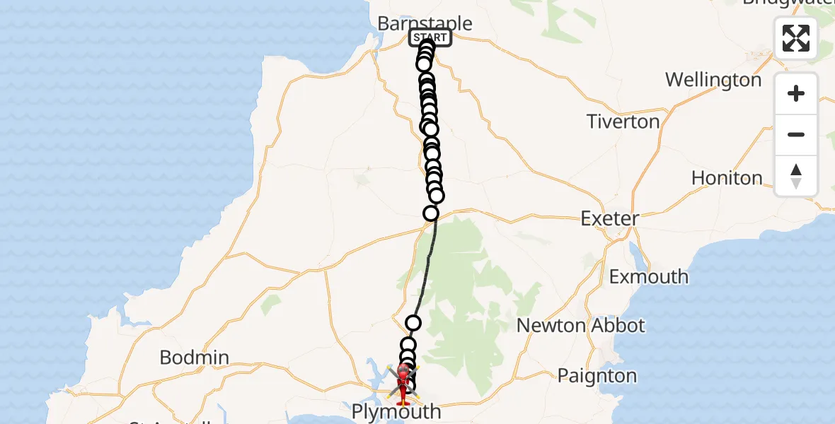 Flight path map showing Air Ambulance Helicopter route from Bishop's Tawton to Crownhill