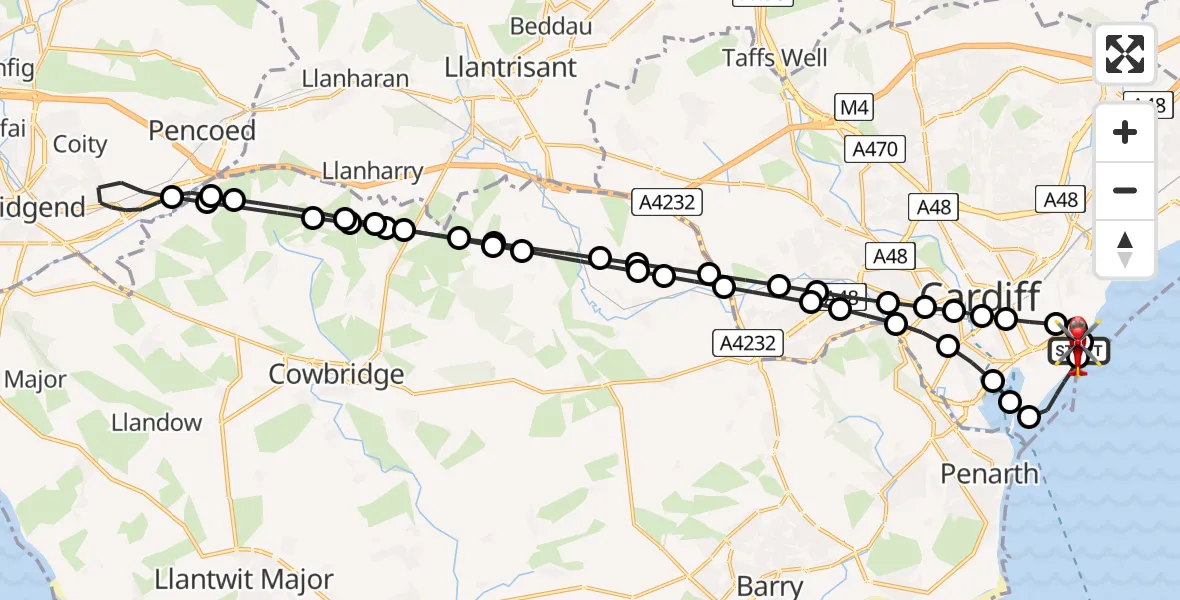 Flight path map showing Air Ambulance Helicopter route from Cardiff Heliport to Cardiff Heliport