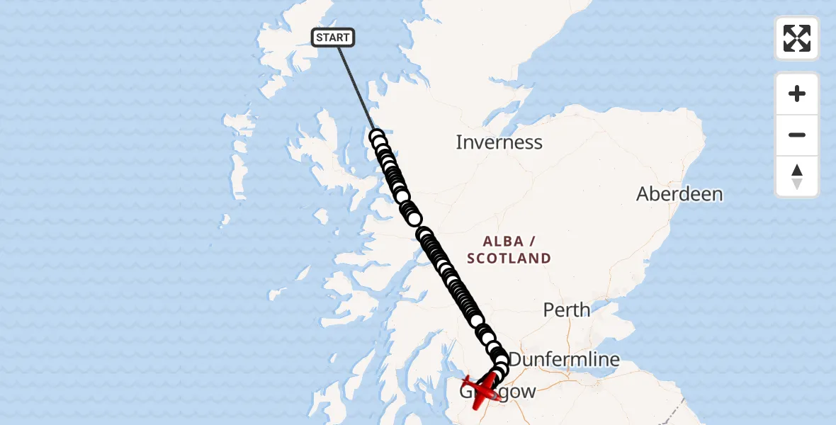 Flight path map showing Air Ambulance Aircraft route from Inner Seas to Glasgow Airport