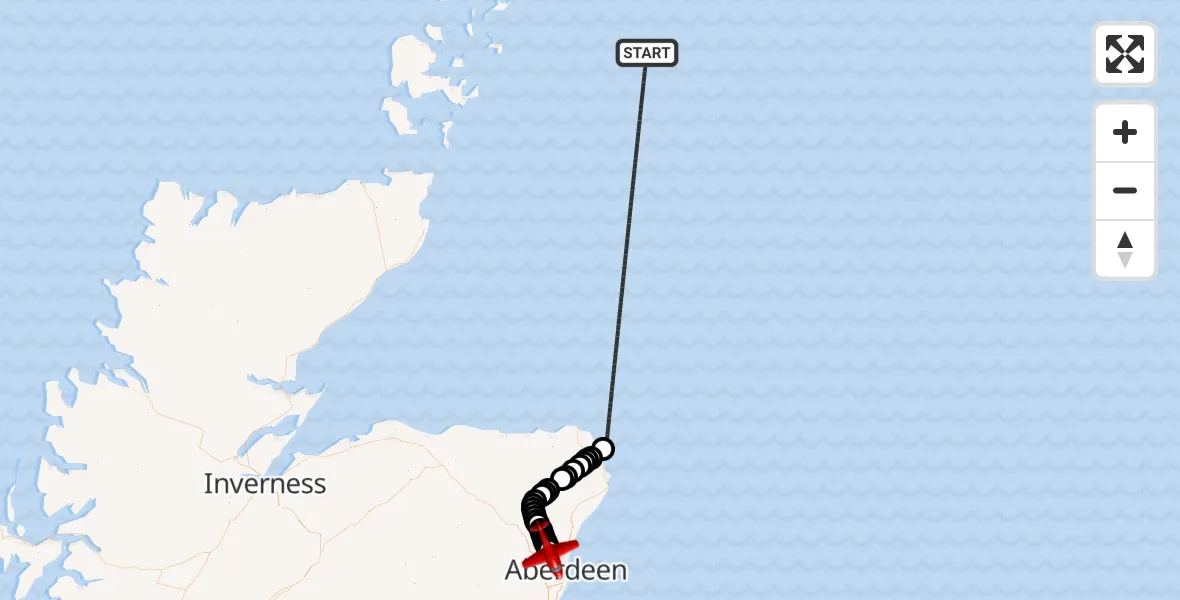 Flight path map showing Air Ambulance Aircraft route from North Sea to Dyce and Stoneywood