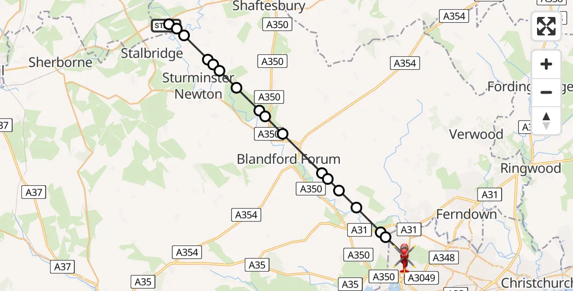 Flight path map showing Air Ambulance Helicopter route from Henstridge Airfield to Poole