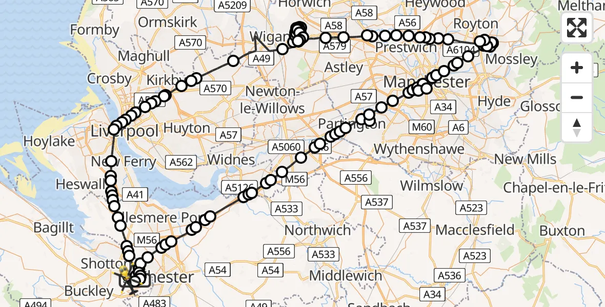 Flight path map showing Police Helicopter route from Hawarden Airport to Sandycroft