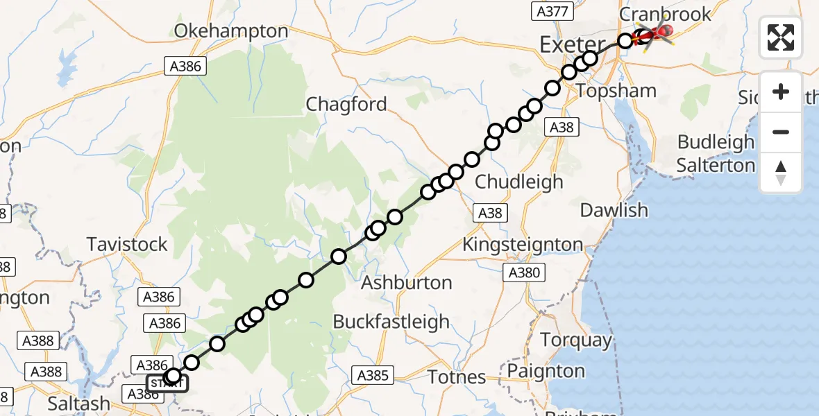 Flight path map showing Air Ambulance Helicopter route from Bickleigh to Exeter International Airport