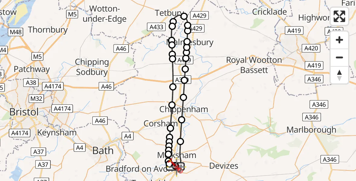 Flight path map showing Air Ambulance Helicopter route from Wiltshire Air Ambulance to Wiltshire Air Ambulance