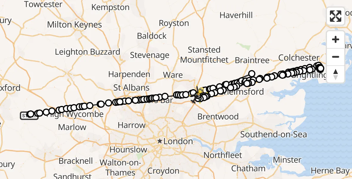 Flight path map showing Police Helicopter route from RAF Benson to North Weald Airfield