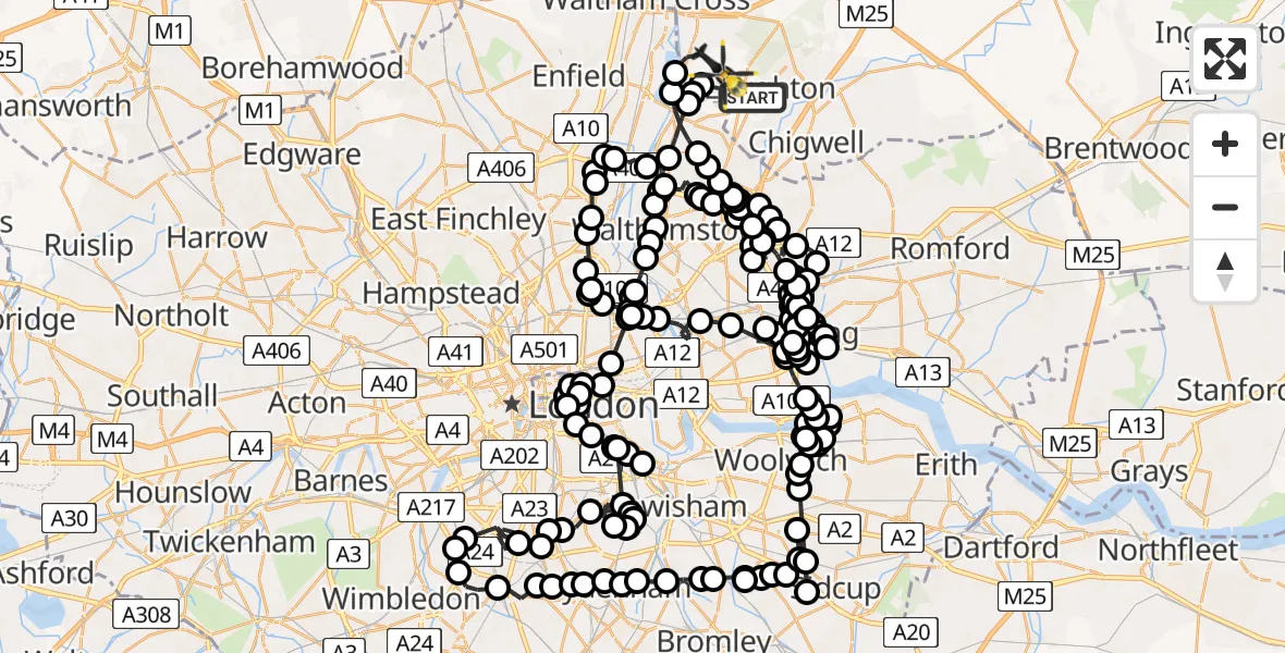 Flight path map showing Police Helicopter route from Loughton to Metropolitan Police Air Support Unit Lippitts Hill