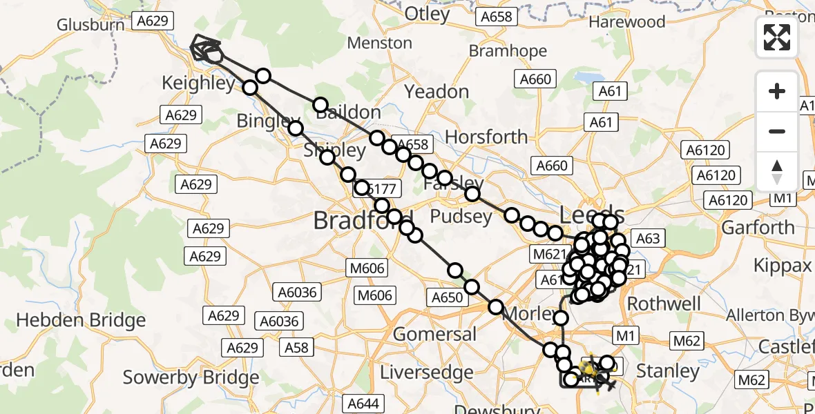 Flight path map showing Police Helicopter route from East Ardsley to East Ardsley