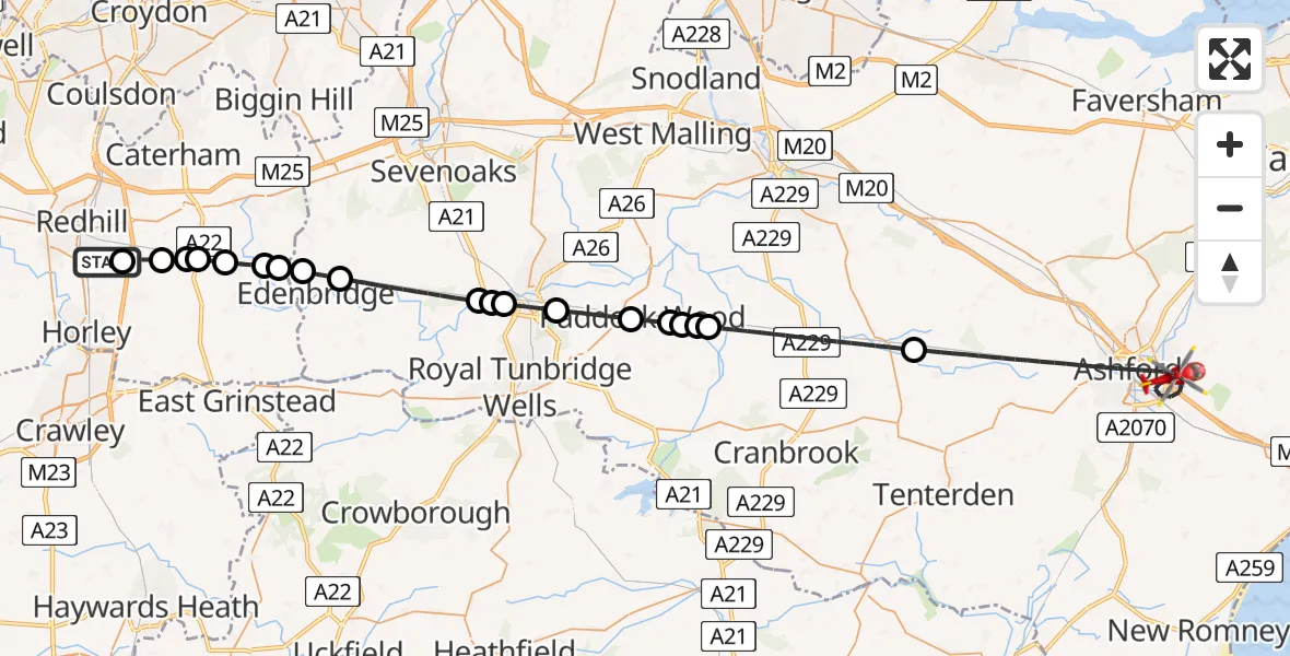 Flight path map showing Air Ambulance Helicopter route from Redhill Aerodrome to Ashford