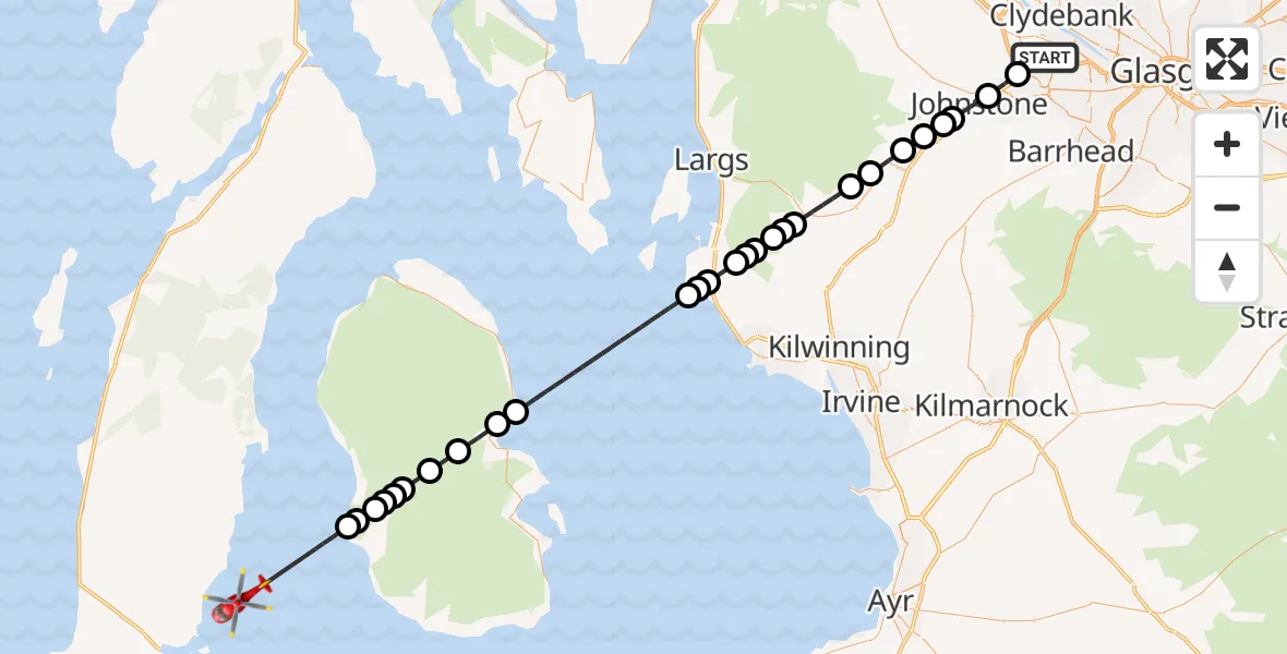 Flight path map showing Air Ambulance Helicopter route from Glasgow Airport to Inner Seas