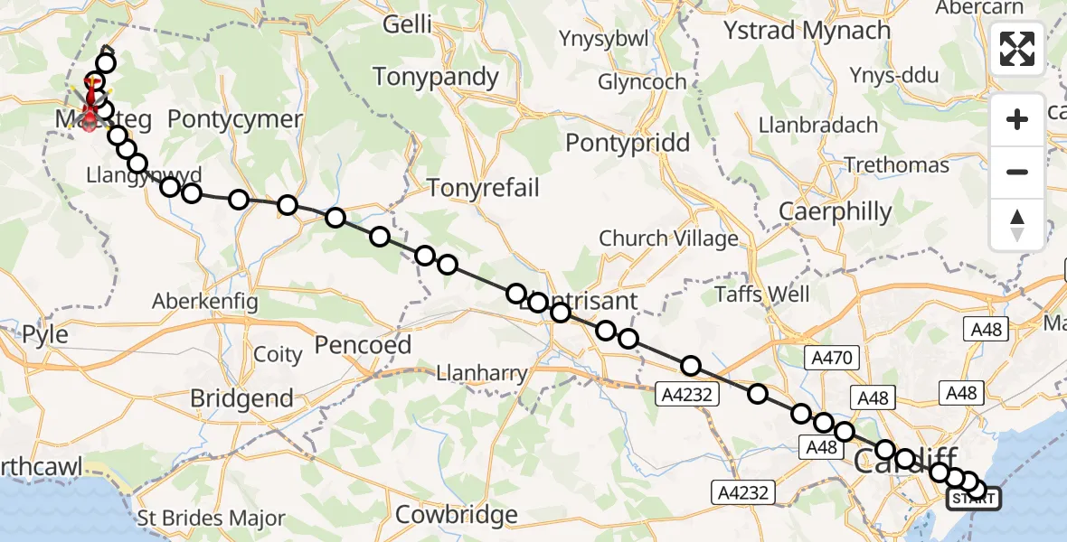 Flight path map showing Air Ambulance Helicopter route from Cardiff Heliport to Maesteg