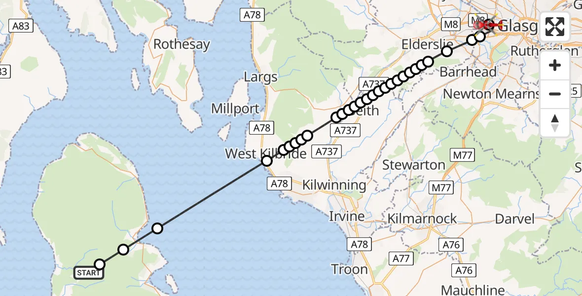Flight path map showing Air Ambulance Helicopter route from Ballymichael to Queen Elizabeth Hospital