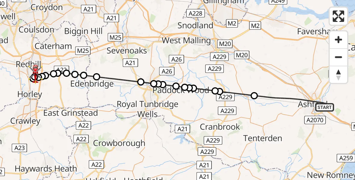 Flight path map showing Air Ambulance Helicopter route from Ashford to Redhill Aerodrome