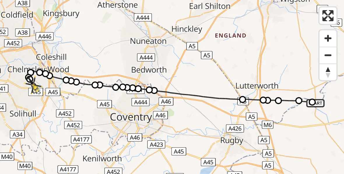 Flight path map showing Police Helicopter route from Husbands Bosworth to Birmingham Airport