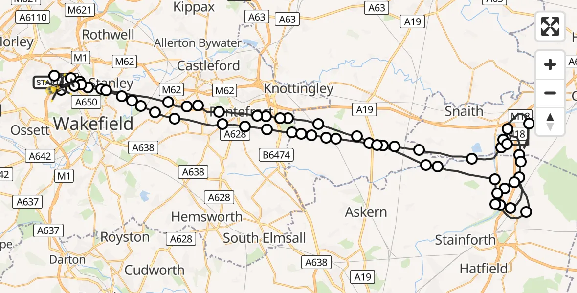 Flight path map showing Police Helicopter route from East Ardsley to East Ardsley