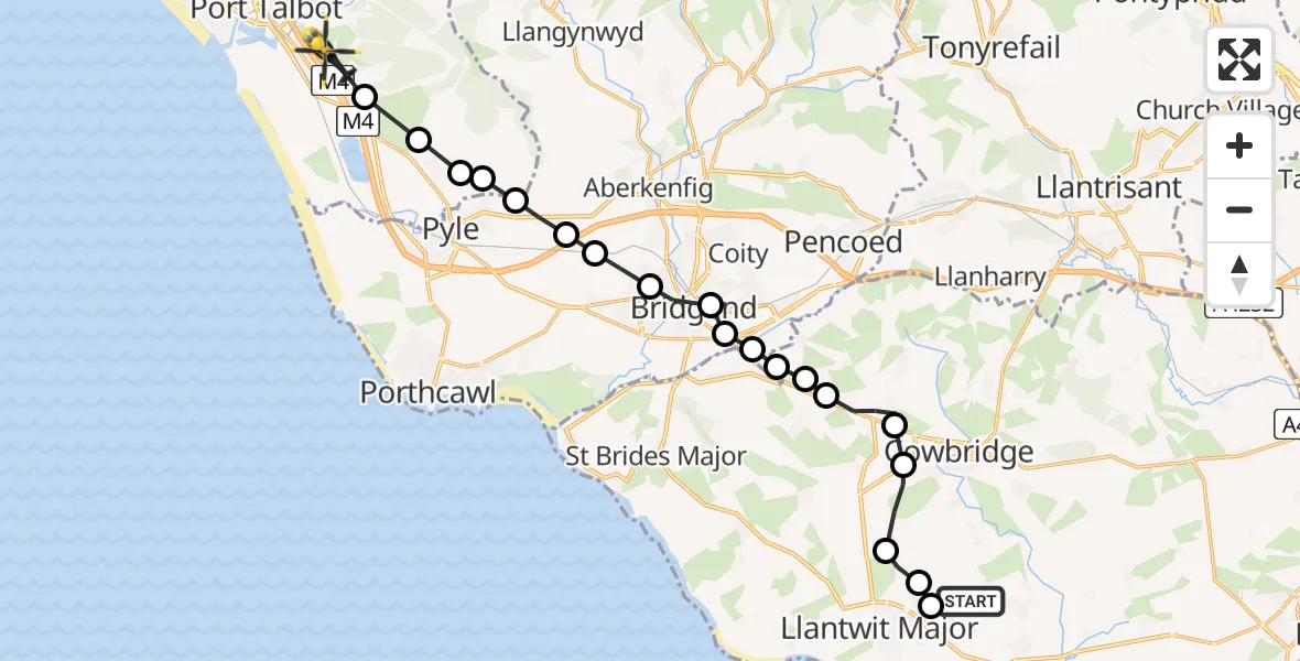 Flight path map showing Police Helicopter route from MOD St Athan to Margam