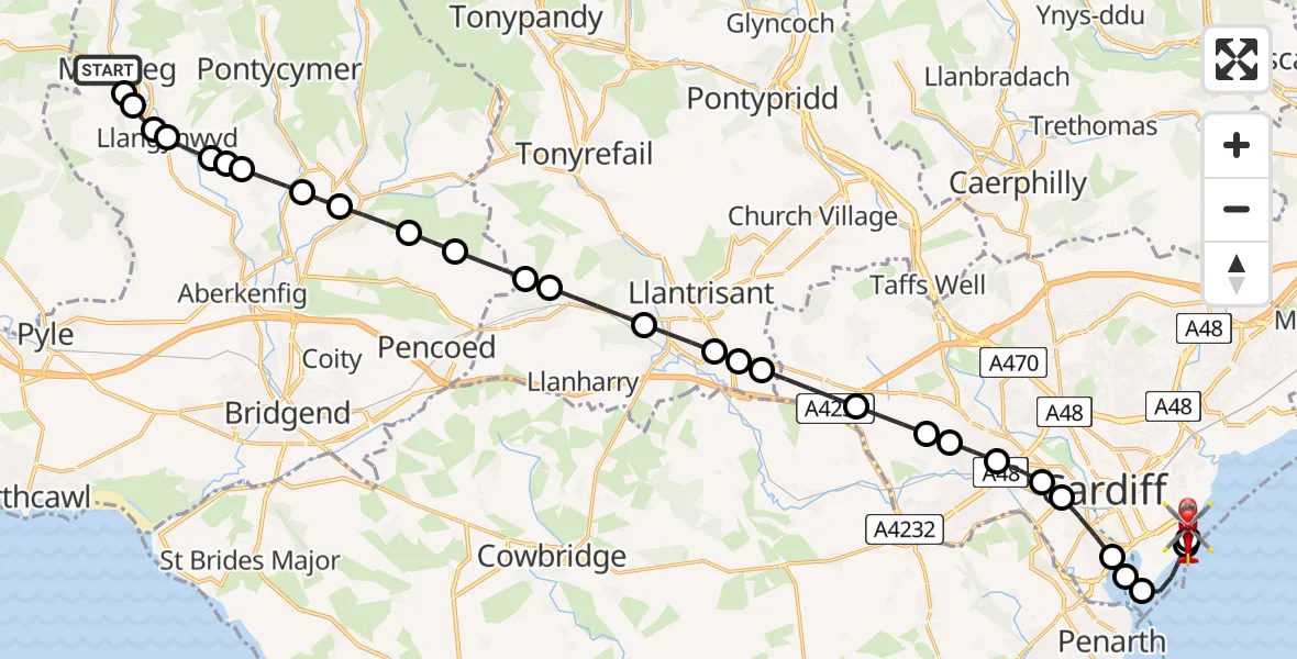 Flight path map showing Air Ambulance Helicopter route from Maesteg to Cardiff Heliport