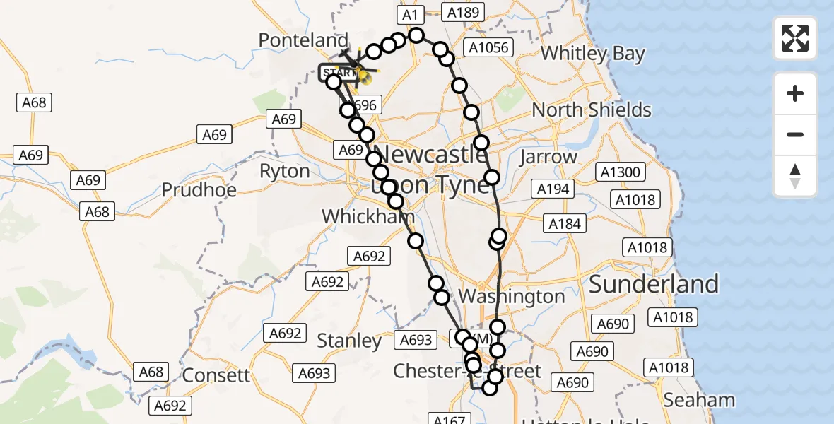 Flight path map showing Police Helicopter route from Newcastle International Airport to Woolsington
