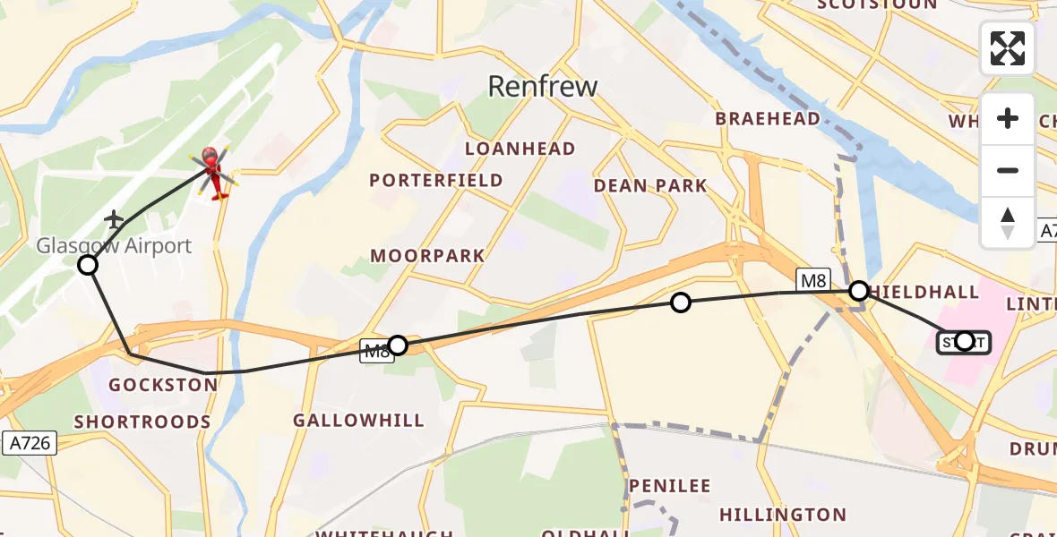 Flight path map showing Air Ambulance Helicopter route from Queen Elizabeth Hospital to Glasgow Airport