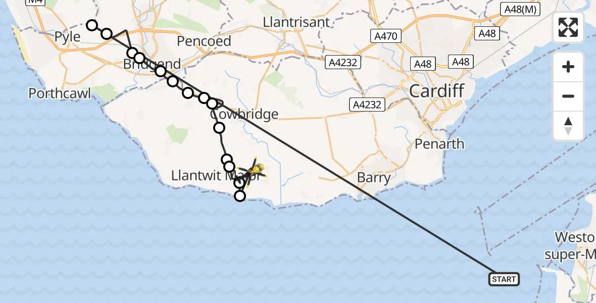 Flight path map showing Police Helicopter route from Bristol Channel to MOD St Athan