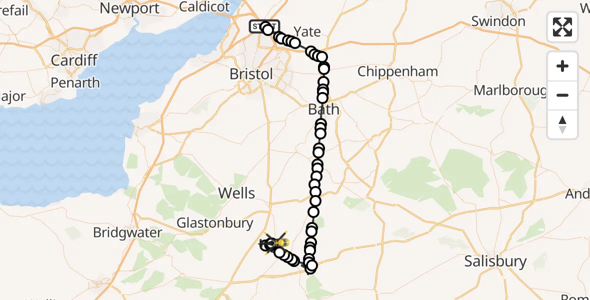 Flight path map showing Police Helicopter route from Almondsbury Helicopter Base to Alhampton