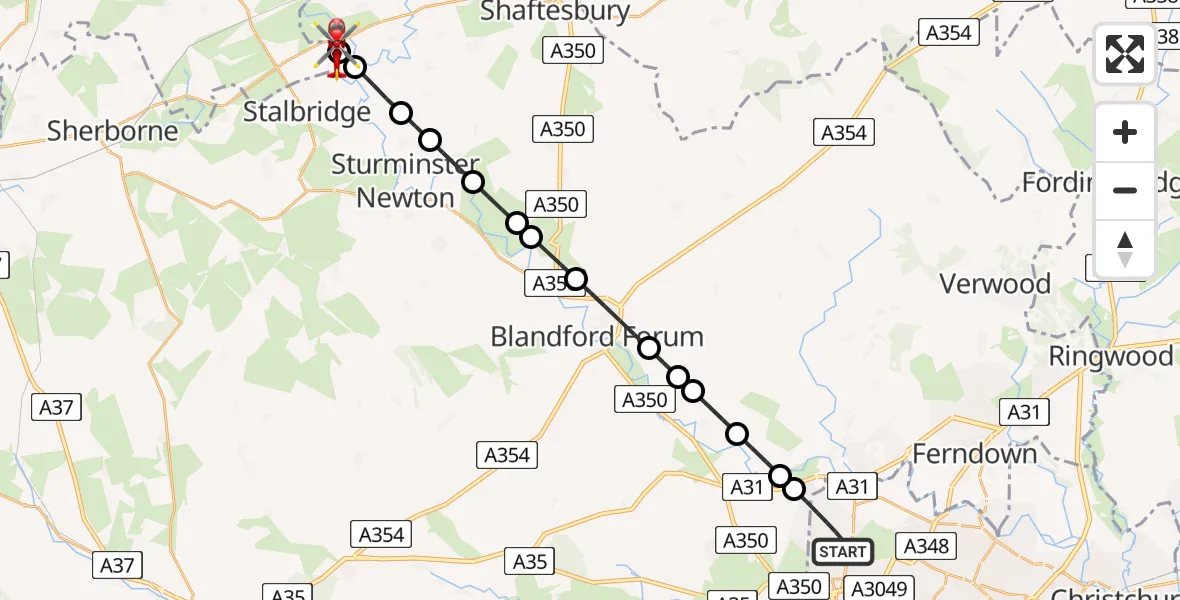 Flight path map showing Air Ambulance Helicopter route from Poole to Henstridge Airfield