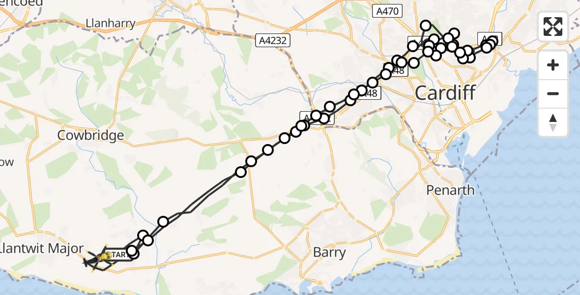 Flight path map showing Police Helicopter route from MOD St Athan to MOD St Athan
