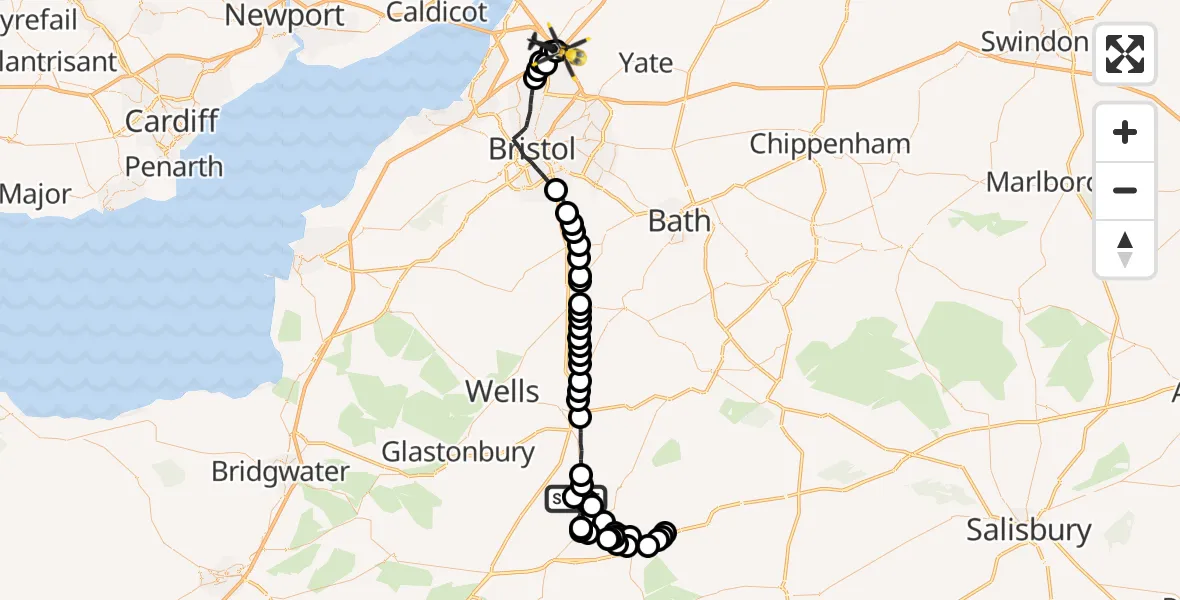 Flight path map showing Police Helicopter route from Alhampton to Almondsbury Helicopter Base