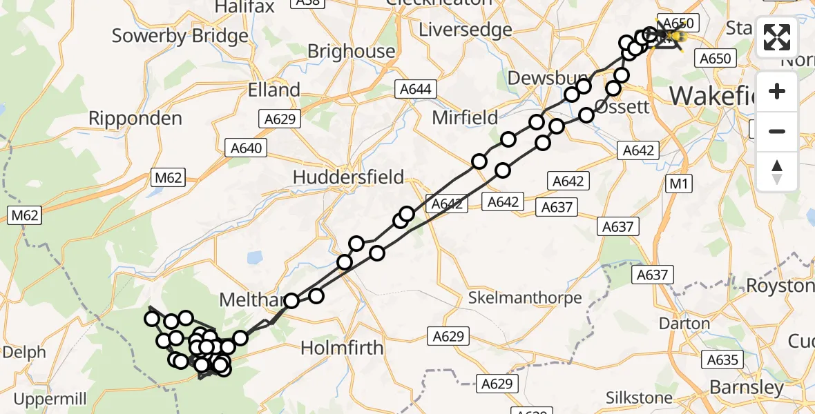 Flight path map showing Police Helicopter route from East Ardsley to Wrenthorpe