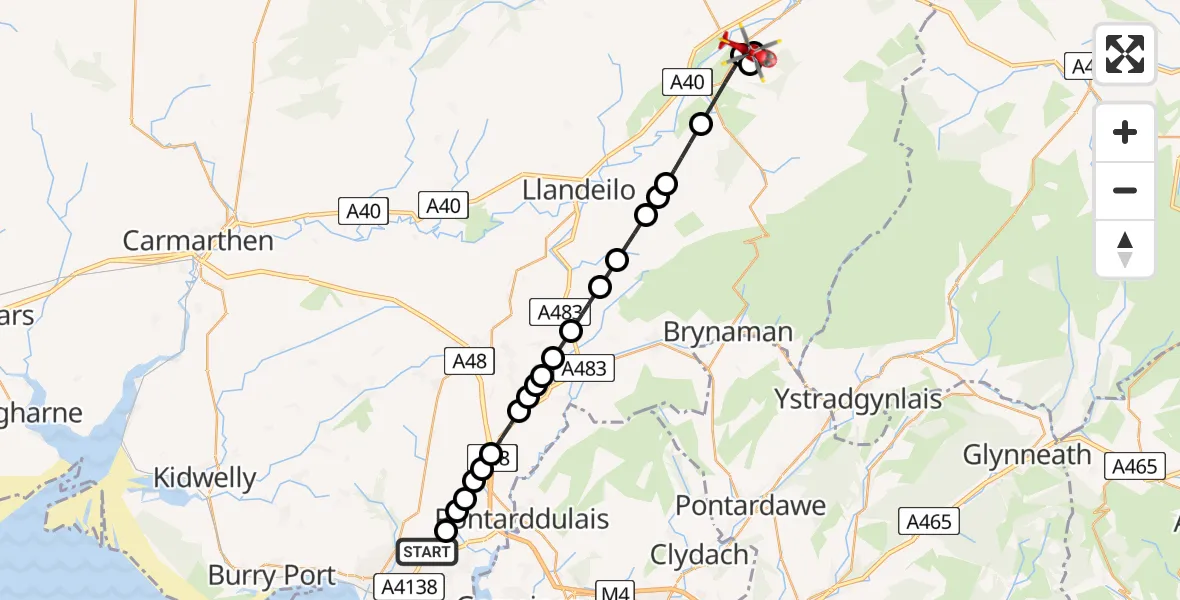 Flight path map showing Air Ambulance Helicopter route from Dafen to Llandovery