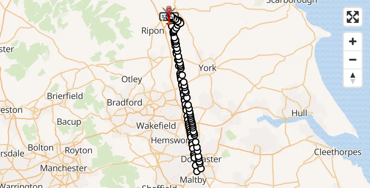 Flight path map showing Air Ambulance Helicopter route from RAF Topcliffe to RAF Topcliffe