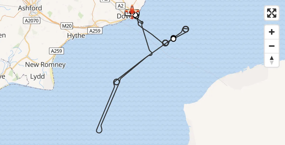 Flight route Coastguard Drone Langdon Battery Heliport - Swingate Airfield, 25 April 2026, 06:38