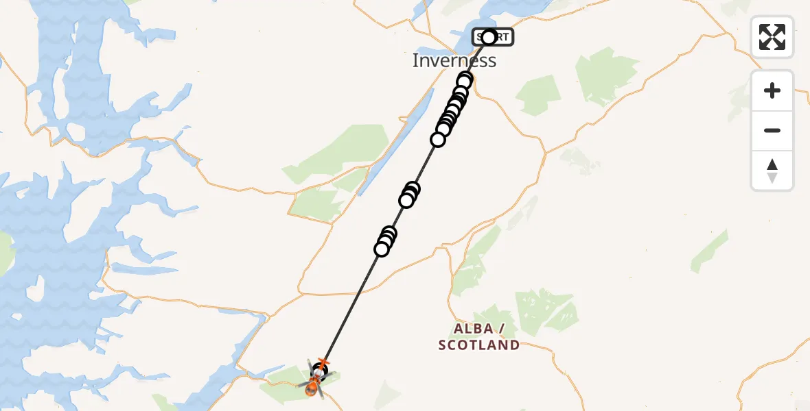 Flight path map showing Coastguard Helicopter route from Inverness Airport to Coire Garbh