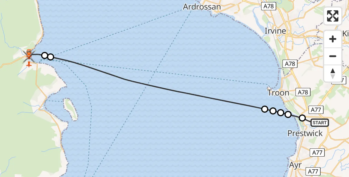 Flight path map showing Coastguard Helicopter route from Glasgow Prestwick Airport to Brodick