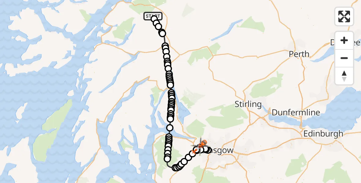 Flight path map showing Coastguard Helicopter route from Coire Odhar to Glasgow Airport