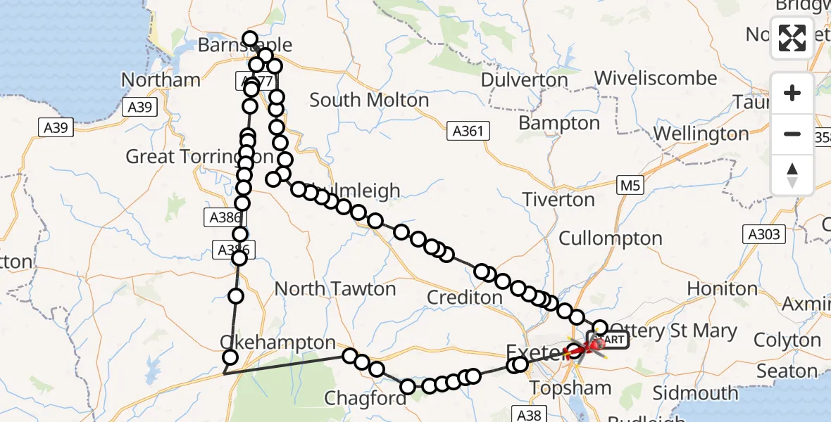 Flight path map showing Air Ambulance Helicopter route from Rockbeare to East Devon