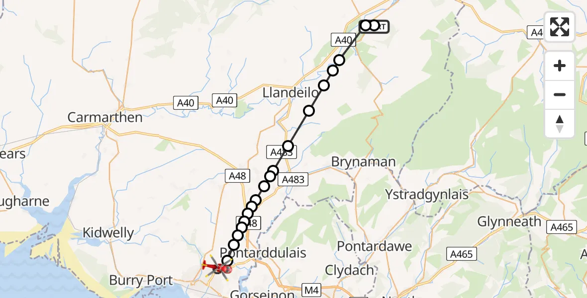 Flight path map showing Air Ambulance Helicopter route from Llangadog to Dafen