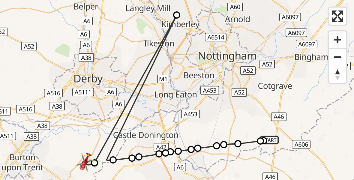 Flight route Air Ambulance Helicopter Willoughby on the Wolds - Ticknall CP, 25 April 2026, 07:59